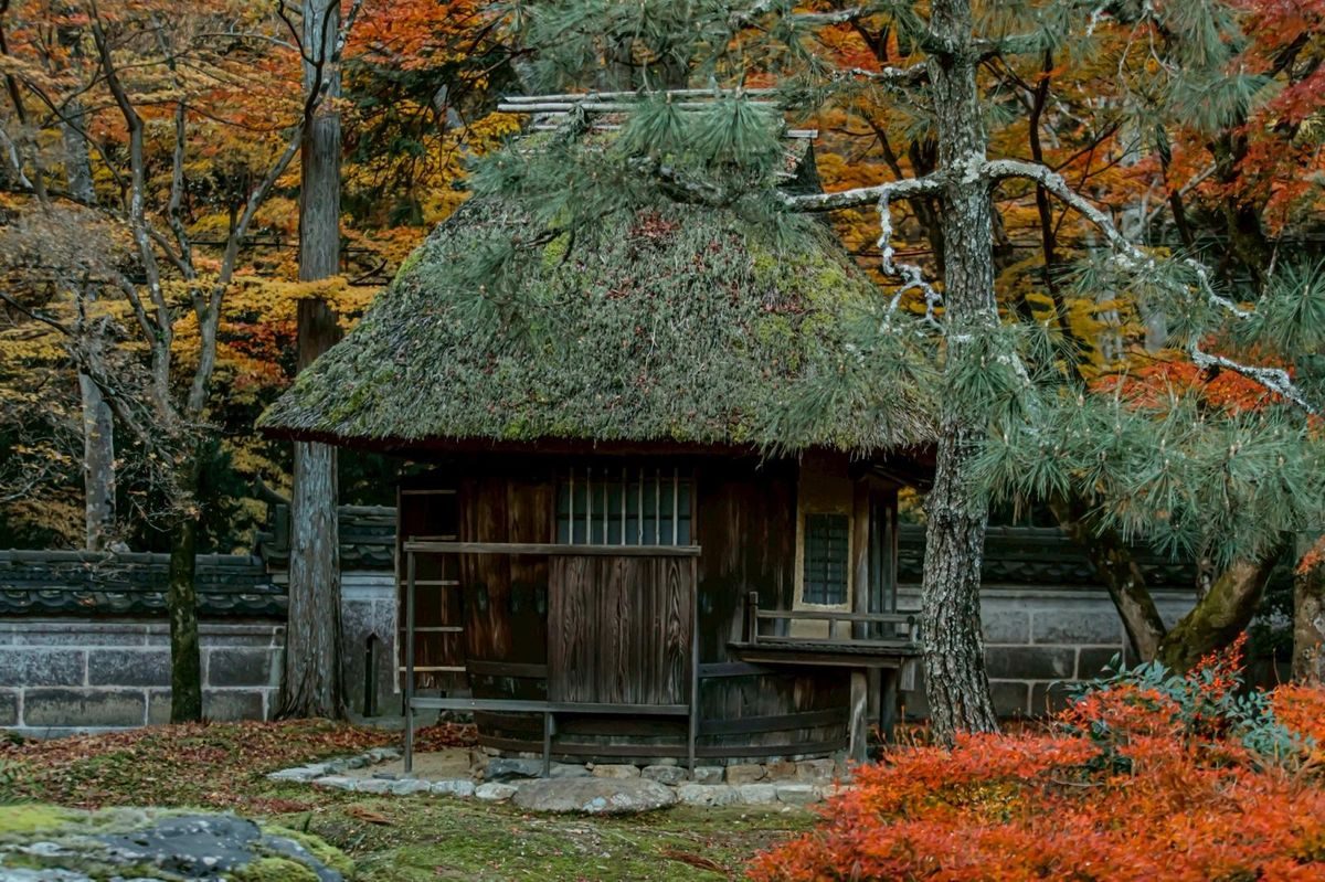 Moss-roofed tea house at Shozan, Kyoto